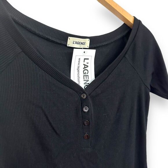 L’AGENCE | Theresa Ribbed Stretch Micro-Modal Jersey Henley Short Sleeve Top NWT - Picture 4 of 7